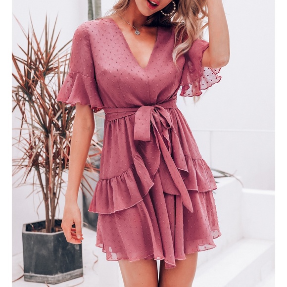 MBM Unlimited Dresses & Skirts - Berry Pink Swiss Dot Ruffle Flounce Hem Cute Dress